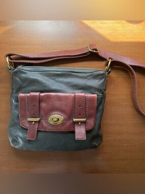 Fossil Long Live Vintage Green and Brown Leather Messenger Crossbody Bag Purse